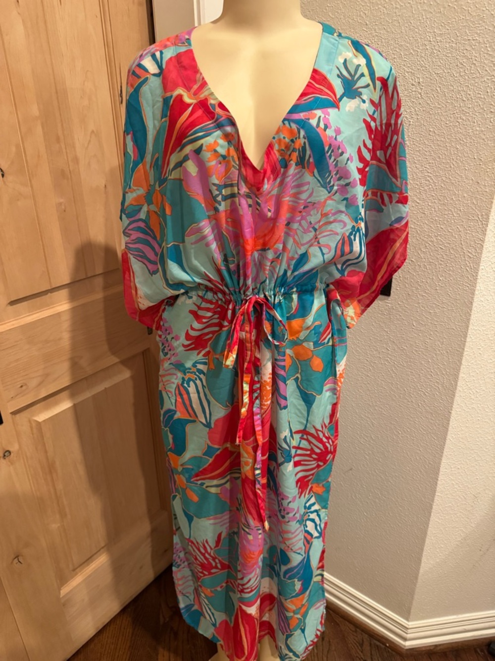 Talbots Vibrant  Tropical Print Tie-Waist Kaftan cover-up Tunic Sz L multi